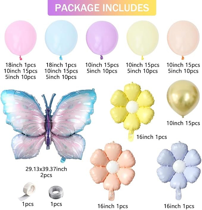 Daisy Butterfly Balloon Garland Arch Kit with Pastel Macarone Pink Blue Yellow Purple Gold Latex Balloons for Birthday Party Wedding Decorations (Macarone)