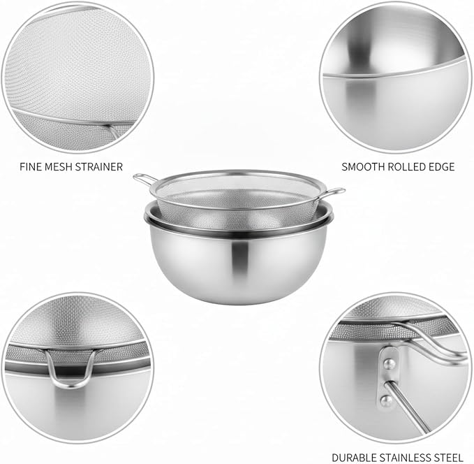 Stainless Steel Mixing Bowl Set with Nested Strainer for Washing, Draining, and Food Prep
