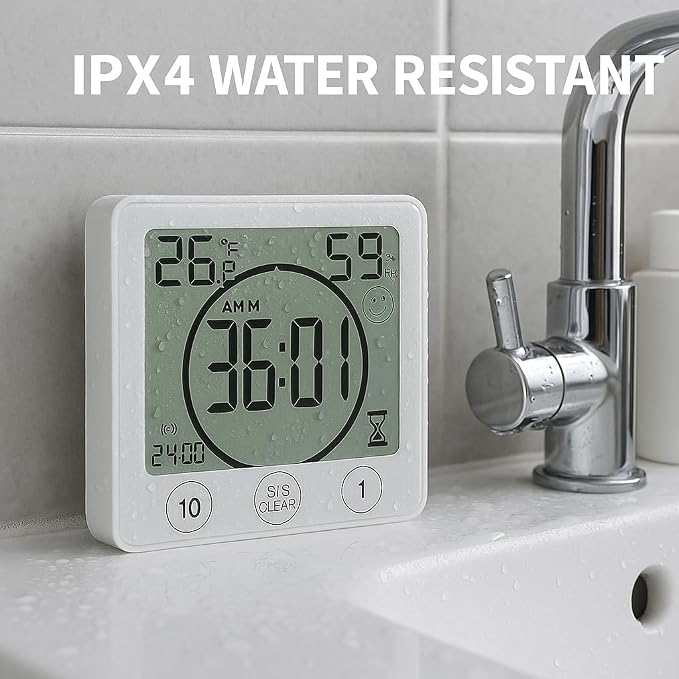 Digital Shower Timer Clock with Temperature & Humidity Display – Waterproof Bathroom Wall Clock for Kids, Spa, Kitchen – Touch Screen Countdown Timer, Magnetic Mount, Suction Cup & Stand