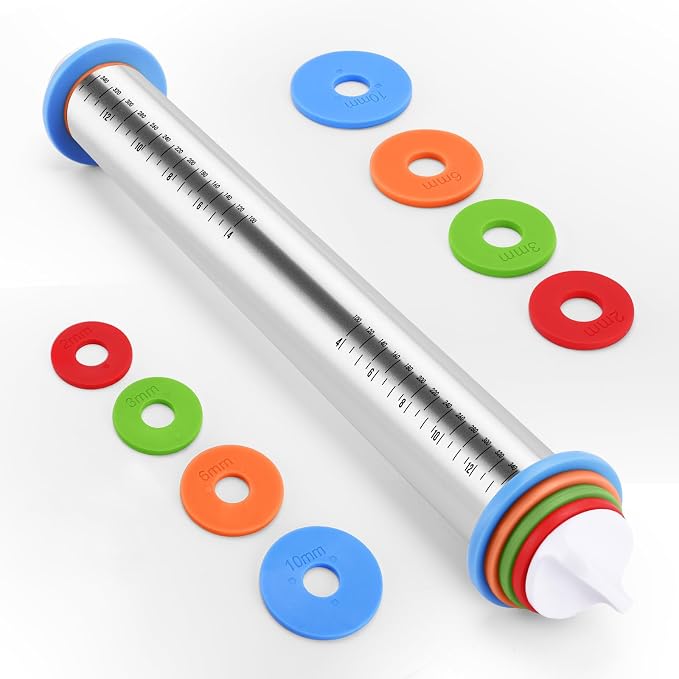 Rolling Pin with Adjustable Thickness Rings for Baking,Stainless Steel Dough Roller,Baking Supplies for Cookie Fondant Pizza Cake Pasta