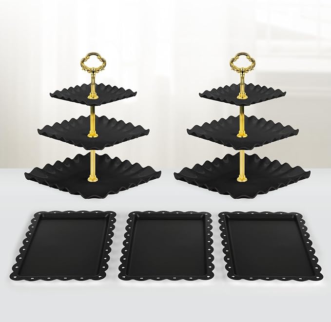 NWK 5 Piece Cake Stand Set with 2 x Large 3-Tier Cupcake Stands, 3 x Appetizer Trays, for Wedding Birthday Baby Shower Tea Party Decorations (Black)