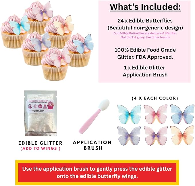 Edible Butterflies with Edible Glitter Kit - Wafer Paper Butterflies for Cakes - Cake Decorations - Cupcake Decorations - Cake Toppers (Variety Pack)