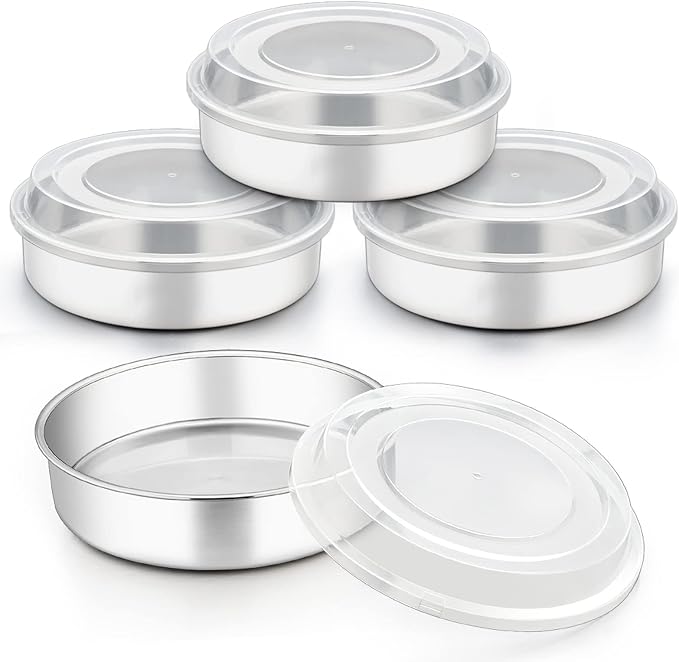 TeamFar 8 Inch Cake Pan, Stainless Steel Round Baking Pans with Lids-8 PCS | Smash Cake Pan Tins, Baking Steaming Serving for Wedding Bakery Camping Picnic, Oven & Dishwasher Safe(4 Pans + 4 Lids)
