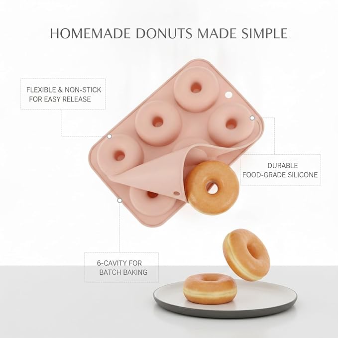 6-Cavity Silicone Donut Pan, Flexible Baking Mold for Easy Release, 6.5 x 4.1 Inch Mini Donut Maker Tray, Pink
