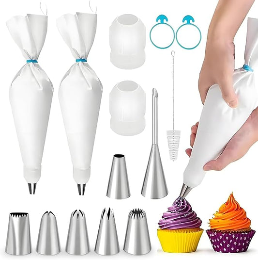 14PCS Reusable Piping Bags and Tips Set – 2PCS 16-Inch Pastry Bags, 7 Piping Tips, 2 Couplers, 2 Silicone Rings & Cleaning Brush,for Cake Decorating, Cupcakes, Cookies, Home Bakers, Chefs