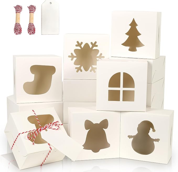 24 PCS White Bakery Boxes with Window, 4x4x2.5 Inch Christmas Cookie Boxes Small Christmas Treat Boxes Holiday Xmas Cake Box for Christmas Cupcakes, Cookies, Donuts Gift-Giving, Pastries