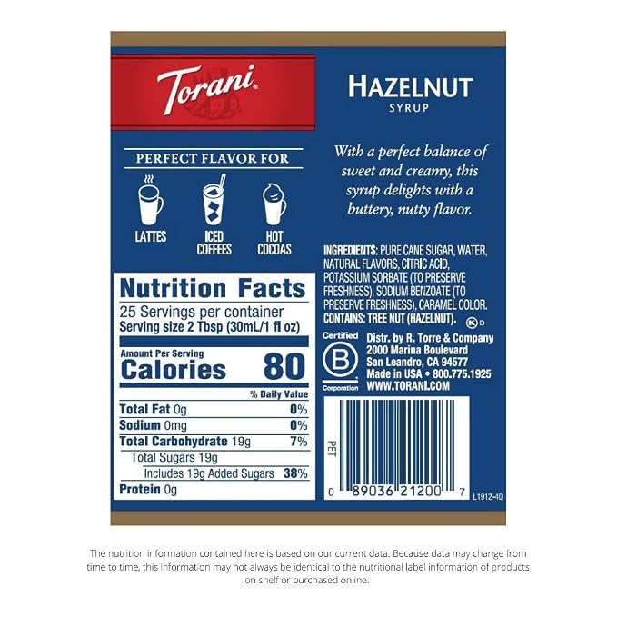 Torani Hazelnut Flavored Drink Syrup, 25.4 fl oz (Pack of 4)