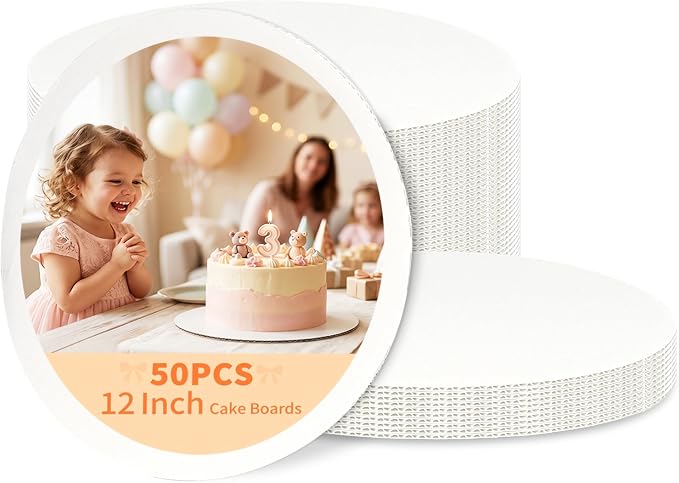 HORLIMER 50 Pack Cake Boards 12 Inch Round, Food-Grade Circle Cardboard Cake Drums Base, White Cake Plates for Birthday, Party, Wedding Display