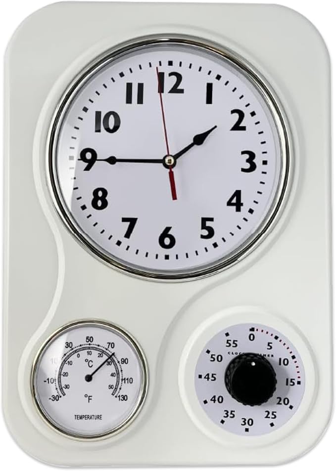 Lily's Home - 9 Inch x 12.5 Inch - Retro Kitchen Wall Clock, Vintage Wall Clock with a Thermometer and 60-Minute Timer, Ideal for Any Kitchen, Office, or Diner (White)