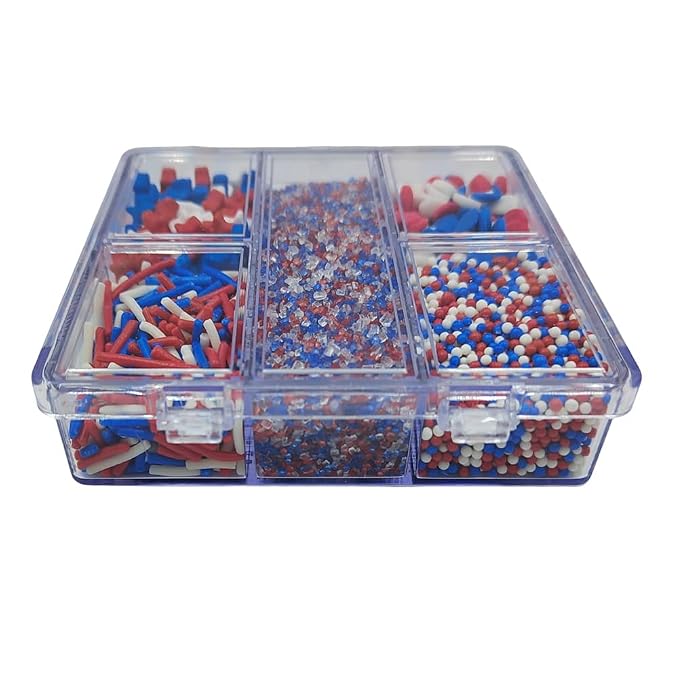 Red White and Blue Sprinkles for Baking, Edible Patriotic 4th of July Sprinkle Mix for Cake Decorating with Sparkling Sugar, Jimmies, Stars, Nonpareils, Confetti, Ice Cream Cupcake Toppings Supplies
