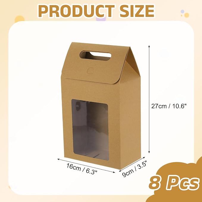 uxcell 8Pcs Gift Boxes, Favor Box with Clear Window and Handle, Stand Up Favor Treat Boxes for Candy, Cookies, Party Store, Packaging, Wedding, Light Brown