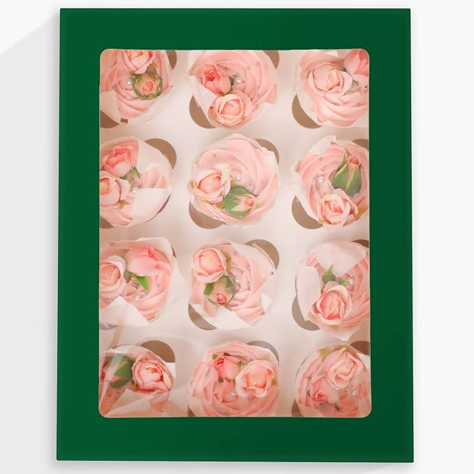 Bakepacker 12 Cupcake Containers 10-Packs Forest Green Cupcake Box Cupcakes Carrier, 12 Cupcake Boxes with Window 13"x10"x3.5"（Auto-pop up）