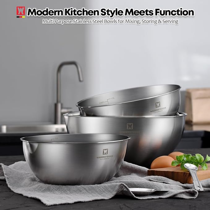 WAGENSTEIGER 3-Piece Stainless Steel Mixing Bowl Set, Silver Color, Nesting Bowls with Pure Spout, Multipurpose Kitchen Basket, 1.56Quarts/3.17Quarts/4.23Quarts (No Color Added)