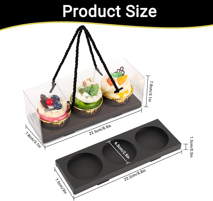 EUSOAR Black Cupcake Boxes, 10 Pcs 9"x3"x3" Rectangular Cookies Containers 3 Compartments with Gift Rope Handle, Clear Portable Dessert Pastry Carriers Display for Wedding Party Favor Bakery Decor