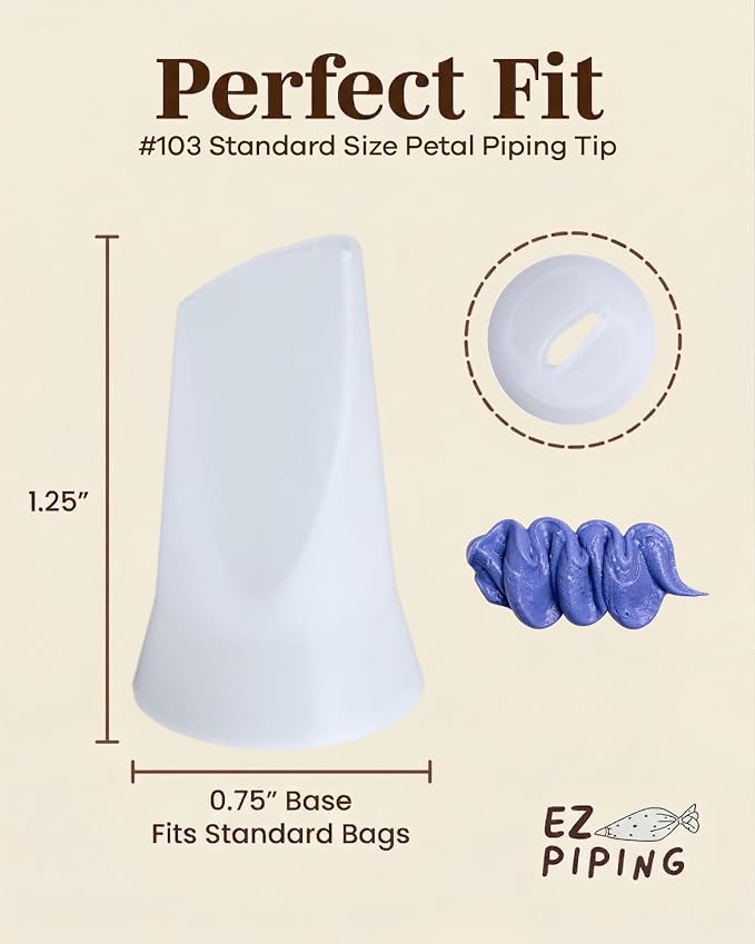 Reusable Plastic Piping Tips Standard Size Petal Tip #103 100 Pack with 2 Couplers Petal Tip Icing Nozzle for Cake Decoration, Dessert, Baking Supplies & Piping Bags Base Ø 0.75"Height 1.25"