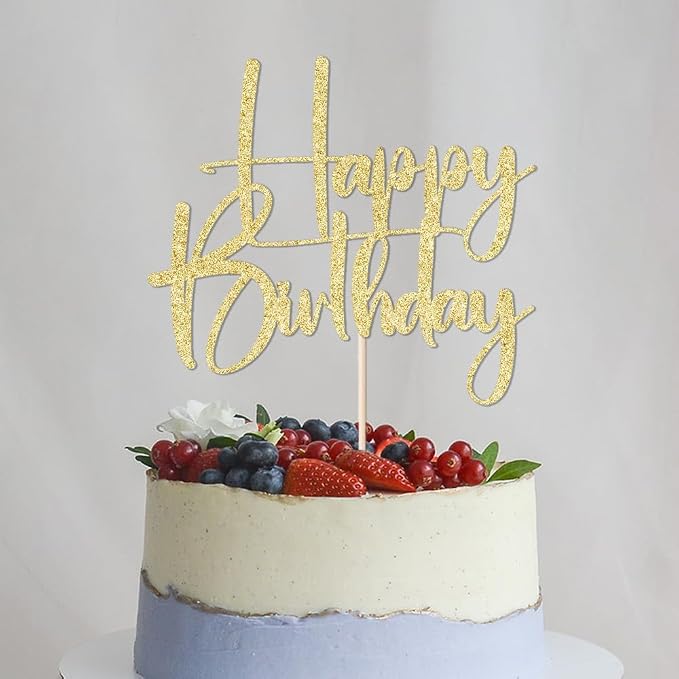 Gold Glitter Happy Birthday Cake Topper, Gold Glitter Happy Birthday Cake Bunting Deco, Baby Gender Reveal Party/Anniversary Party Decoration Supplies (Paper)