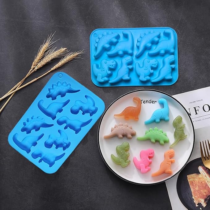 2Pcs Dinosaur Silicone Candy Molds - 8-Cavity Gummy Dinosaur Molds Shaped with T-rex, Stegosaurus, Triceratops, Brontosaurus, Non-stick and Bpa Free for Chocolate, Soaps, Crayons, Ice Cubes