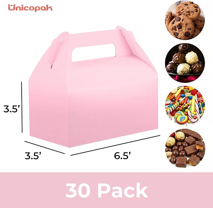 UnicoPak 30 Pack Pink Gable Treat Boxes Party Favor Boxes, Goodie Bag Boxes for Treats Cookies Candies, Ideal for Birthday, Pink Party Favors, Baby Shower, Valentine's Day – 6.5x3.5x3.5 Inches