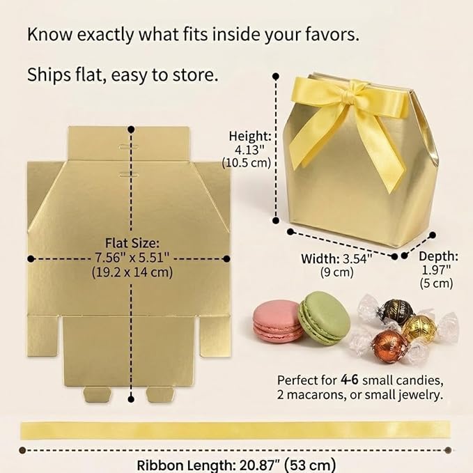 Rowcay Small Gift Boxes with Ribbons, 16 Pack Gold Foldable Empty Gift Boxes for Wedding Party Favors, Cookies, Candy, Jewelry, Small Presents, Gift Packaging and Favor Displays