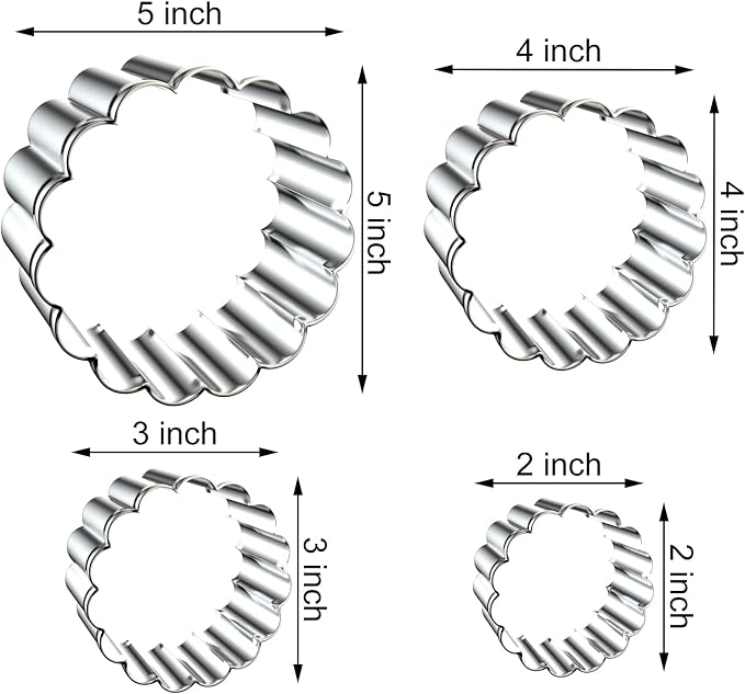 Fluted Round Cookie Cutter Set - 5 Inch, 4 Inch, 3 Inch, 2 Inch - Large Donut Cutter Ring Scalloped Edge Wavy Circle Cookie Cutters Shapes Clay Molds - Stainless Steel