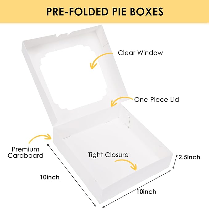 Moretoes Pie Boxes, 45pcs 10x10x2.5 Inches Bakery Boxes, Auto-Popup Cookie Container with Window for Pie, Strawberries, Cookie Cake, Treats