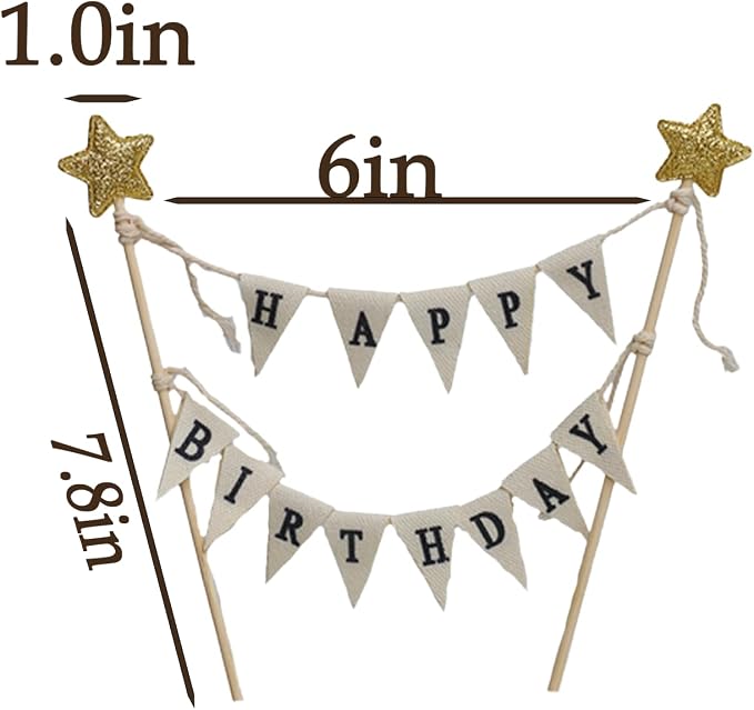 Banner Happy Birthday Cake Topper Ivory Handmade Pennant Flags Garland with Wood Pole Happy Birthday Topper for Cake Party Supplies Decorations (with Gold Star)