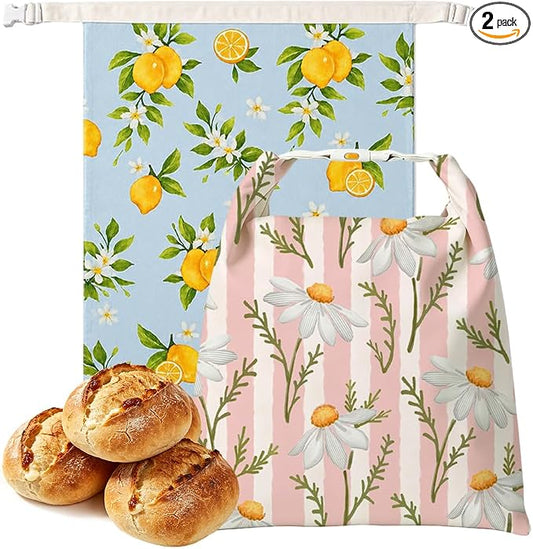 2 Pack Reusable Beeswax Bread Bags for Homemade Sourdough, Large Natural Beeswax Bread Bag 17"x13", Portable Lined Food Storage Floral Cloth Bags, Freezer Safe & Friendly, Keep Fresh