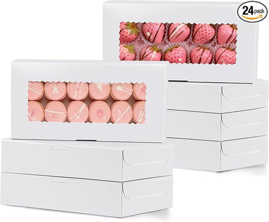 MUMULULU White Bakery Boxes with Window Cookie Boxes Treat Boxes for Desserts Cupcakes Muffins Donut Chocolate Strawberry (7PCS 12×5.5×2.5)