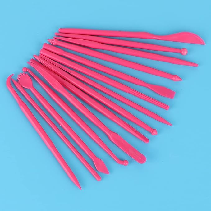 Akozon Premium Plastic Clay Sculpting Set - 14Pcs DIY Polymer Modeling Hand Tool Kit - Pottery Shaper & Carving Tool for Clay Fondant Cake - (Rose Red)