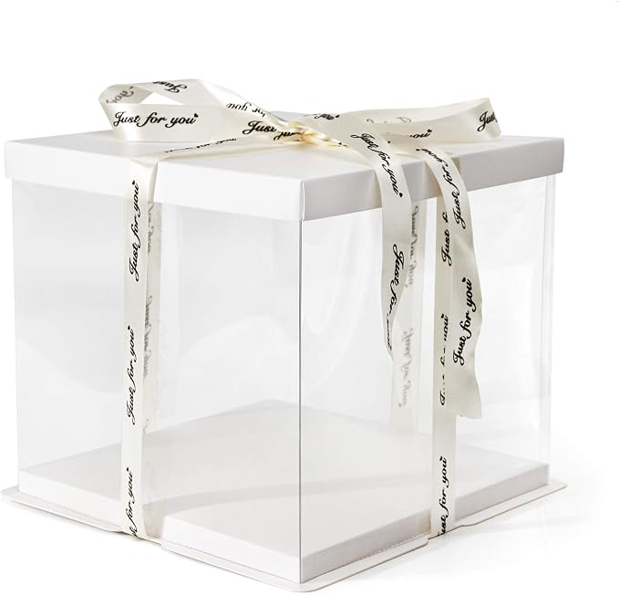 Clear Cake Box, 2-Pack Cake Carrier Container 10" X 10" X 9" with Ribbon Transparent Boxes with Lid Gift Package for Birthday Wedding Party, White