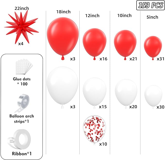 Red and White Balloon Garland Arch kit 153pcs with Star - 22 18 12 10 5in Different Size Red White Confetti Latex Balloons for Christmas Wedding Valentine's Day Birthday Party Decorations