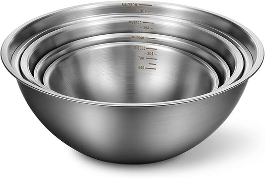 5 Pack Stainless Steel Mixing Bowls with Marks, Heavy Duty Nesting Bowls Set, Food Grade 304, Dishwasher Safe & Stackable for Cooking, Baking, Prepping (1, 1-1/2, 2, 2-1/2, 3-1/2 QT)