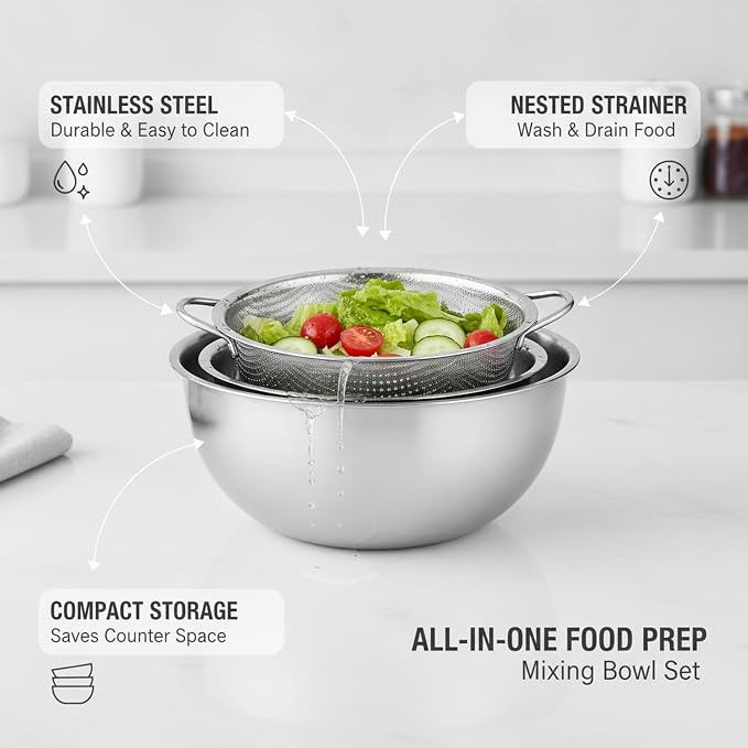 Home Cooks Stainless Steel Mixing Bowl Set with Nested Strainer for Efficient Washing and Food Prep