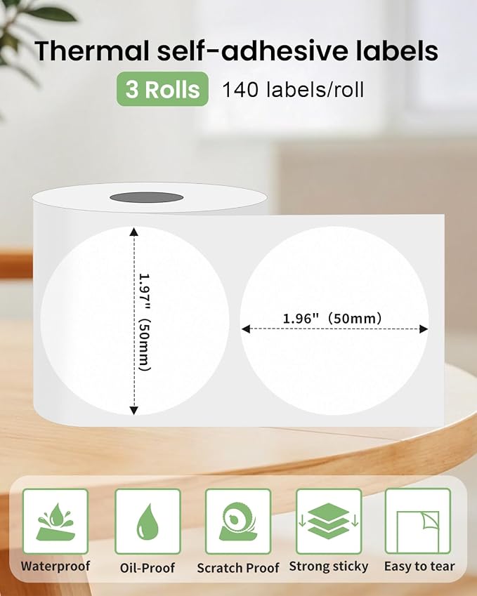 Phomemo Labels - 3 Rolls Frosted Clear Round Label for M110/M100/M220/M108/M250/M160 Label Maker, 1.96" x 1.96"（50x50 mm）,Self-Adhesive Paper for Barcode/Address/Mailing/Logo/Business Home Tag