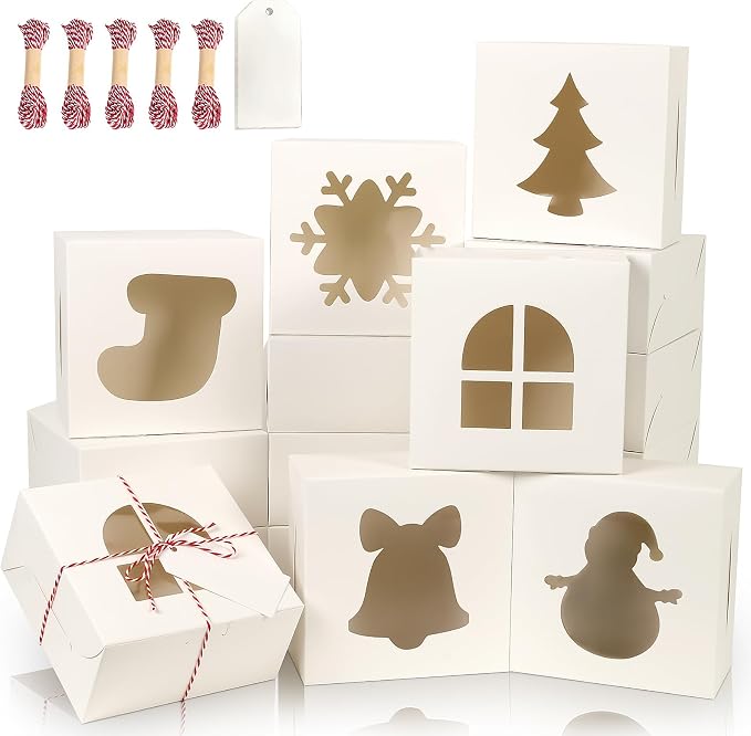 36 PCS White Bakery Boxes with Window, 6x6x3 Inch Christmas Cookie Boxes for Gift Giving, 6 Inch Small Treat Boxes for Mini Cake Pastry Dessert Strawberries Cupcakes Candy Donut Packaging