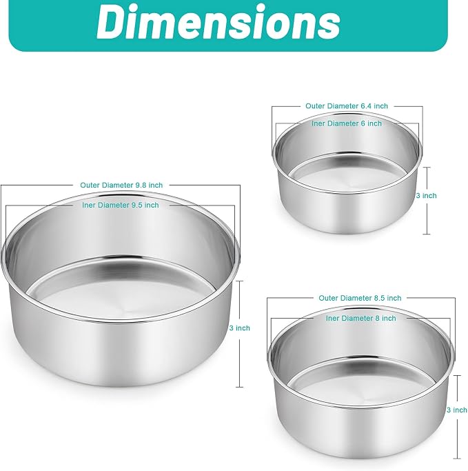 TeamFar 6/8 / 9 Inch Cake Pan, Stainless Steel Round Baking Pan for Cake Brownie Lasagna, Non-Toxic & Heavy Duty, 3” Deep Wall & One Piece, Smooth & Dishwasher Safe-Set of 3