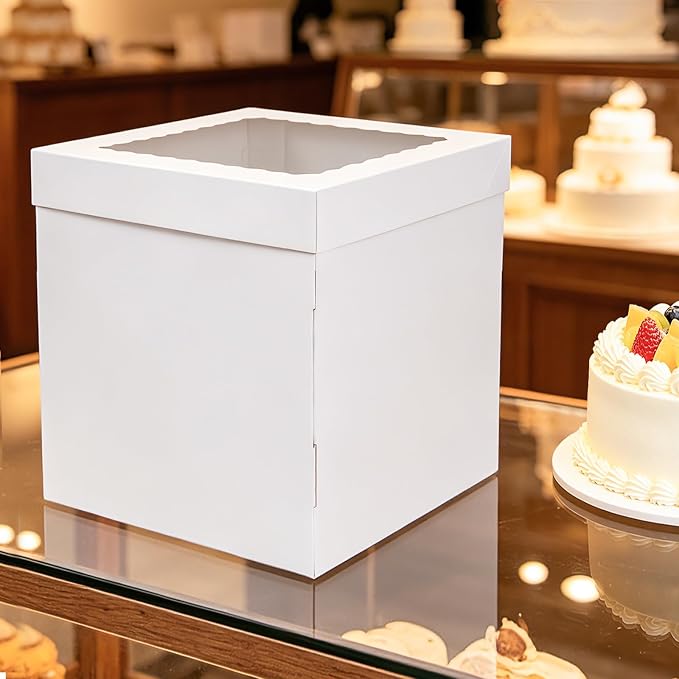 14x14x12 Inch White Corrugated Cake Boxes for 10-12 Inch Large Tiered Cakes | corrugated cake containers support for transit protection; 14x14 extra wide base fits oversized 10-12in tiered cakes