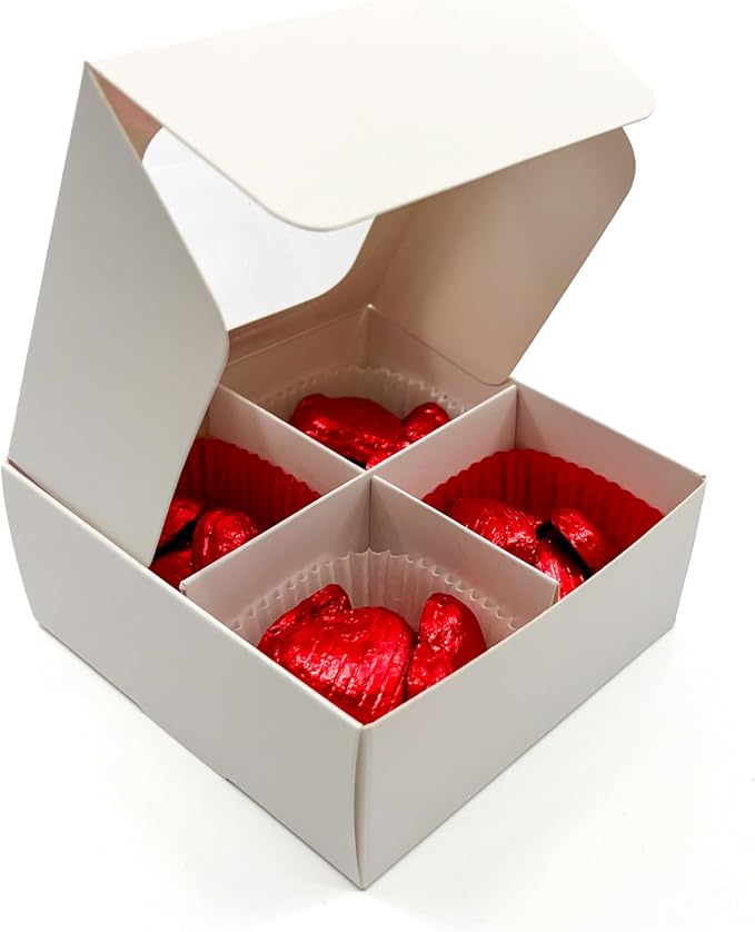 Treat Boxes - 20 ct 4.5 x 4.5 x 2 in Bakery Boxes with Windows and Dividers for Candy, Cookies, Cupcakes, or Bakery Desserts - Chocolate, Treats, and Baked Goods Packaging for Gifting