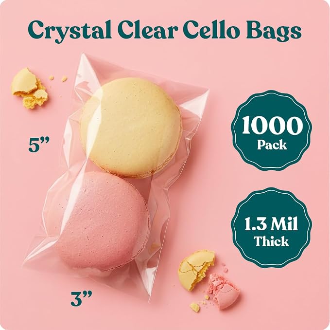 3" X 5" Self Sealing Cellophane Bags (1000 Pack) - Clear Cookie Bags With Seal for Baked Goods Packaging, Cookie Wrappers, Bakery Packaging, Bake Sale, Candy, Treats, Goodies, Gifts, Party Favors