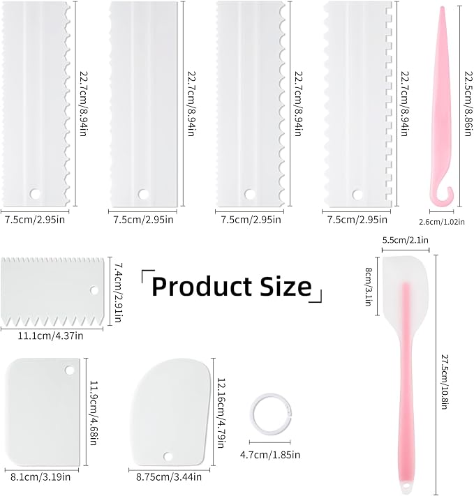 9PCS Cake Scraper Set with Cake Scraper Smoother Set, Adjustable Icing Scraper Polisher Tool, Cake Decorating Comb, Icing Smoother Plastic Sawtooth,Cake Icing Kitchen Baking Cake Edge(White)