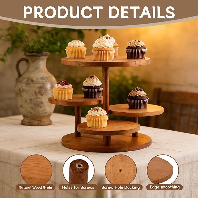 4 Tier Round Cupcake Tower Stand Wooden Cupcake Stands for 50 Cupcakes 360° Rotating Wood Dessert Display with Tiered Tray Wooden Cake Tier Stand(COLOR:wood)