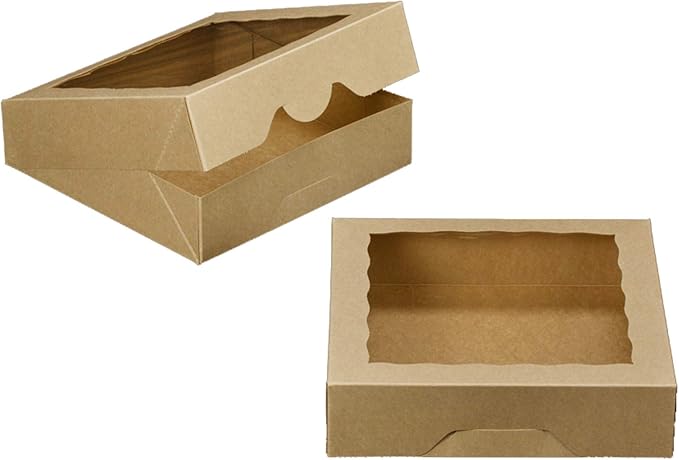 ONE MORE 10inch Natural Kraft Bakery Pie Boxes With PVC Windows,Large Cookie box 10x10x2.5inch 12 of Pack (Brown,12)