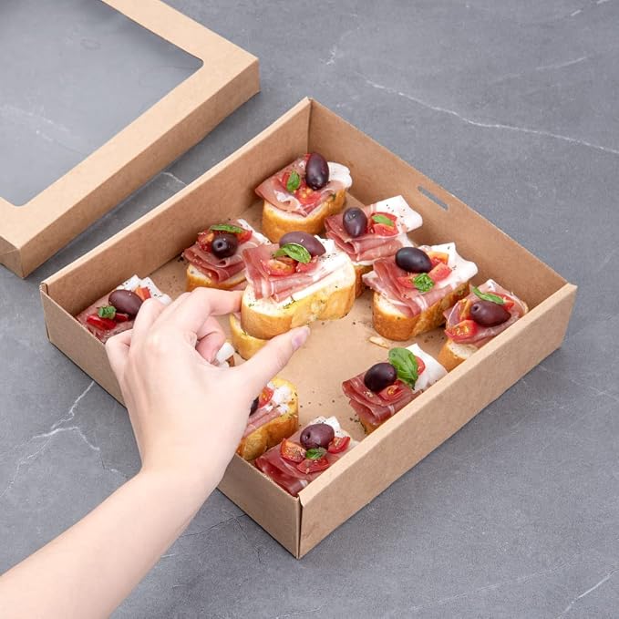 Restaurantware Cater Tek 9 x 9 x 2.4 Inch Catering Boxes 100 Insert Tab Lock Baked Goods Boxes - Window Lids Easy Assembly Kraft Paper Window Pastry Boxes For Charcuterie Or Cupcakes