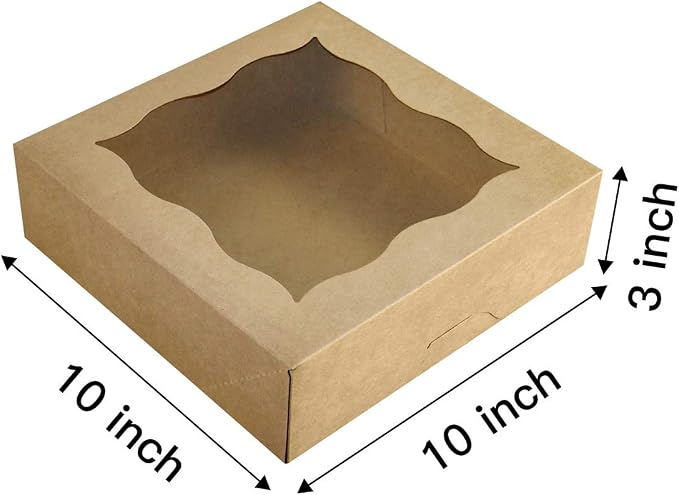 CHERRY 10"x10"x3"Brown Bakery Boxes with PVC Window for Pie and Cookies Boxes Large Natural Kraft Paper Box, Pack of 12