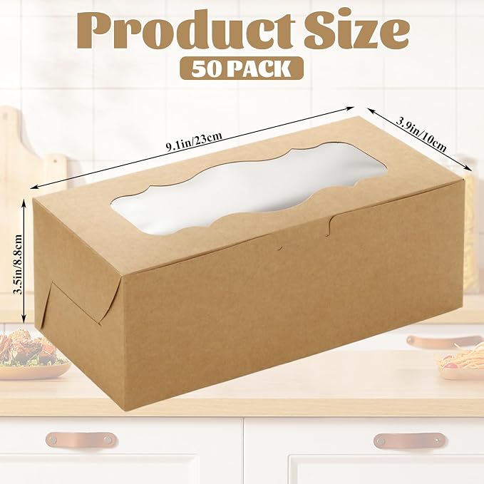 QTLCOHD 50 Pcs Bakery Boxes with Window 9 x 4 x 3.5 Inch Brown Bakery Boxes | Dessert Container with Sticker for Pies, Chocolate, Strawberries, Muffins, Donuts, Pastry, Christmas, Candy