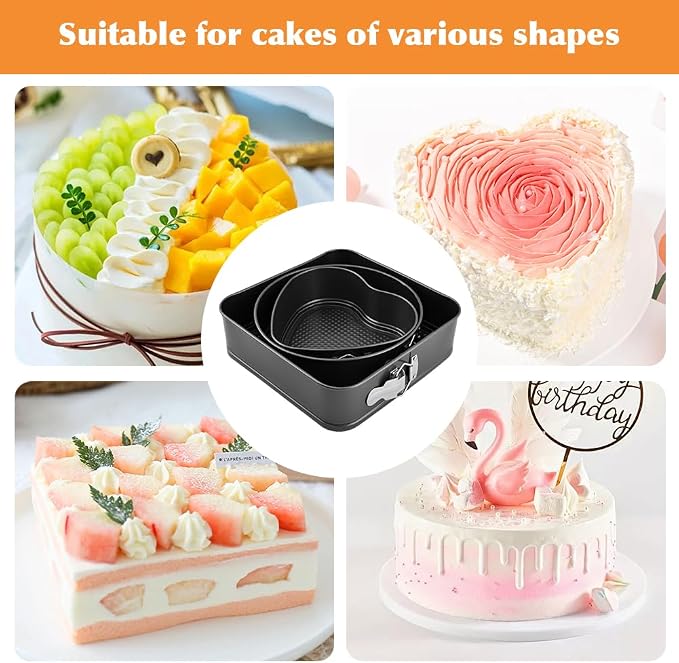 Springform Pan Set of 3 (7,8,9 Inch) - Round, Square and Heart Shaped Leakproof Cheesecake Pans with Removable Bottom, Nonstick Carbon Steel Cake Tin for Valentine‘s Day, Anniversary Baking