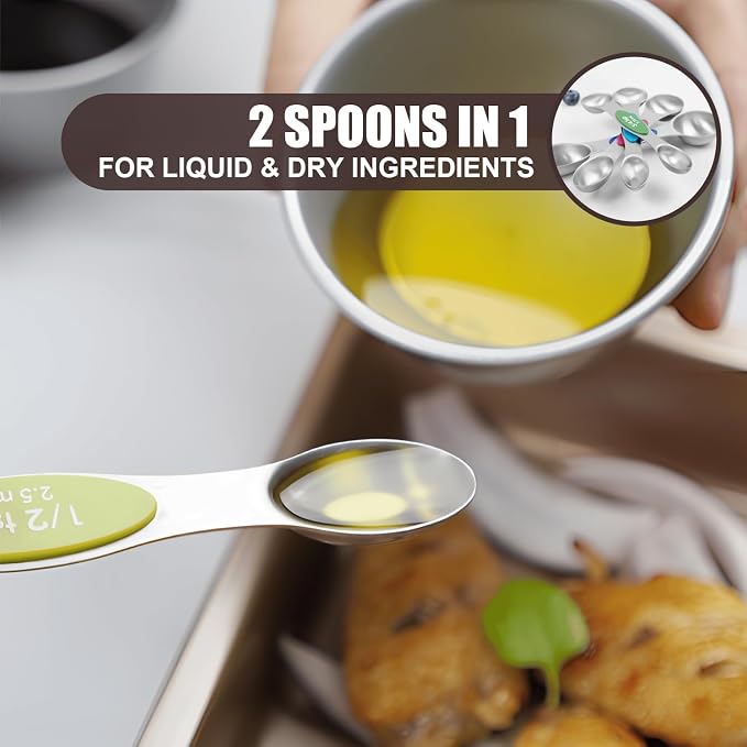 SHIKORI Magnetic Measuring Spoons Set of 8 Stainless Steel Stackable Dual Sided Nesting Teaspoons and Tablespoons for Measuring Dry and Liquid Ingredients-Multicolor