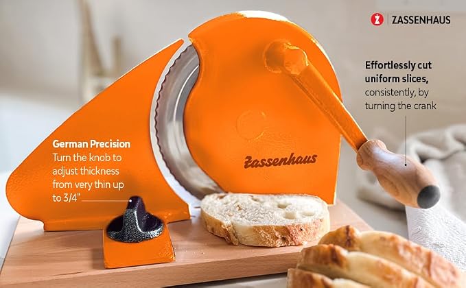 Zassenhaus Original Classic Adjustable Bread Slicer for Uniform Slices - Bread Slicer for Homemade Bread - 18/8 Stainless Steel Blade Sourdough Cutter -Orange, 11.75" x 8"