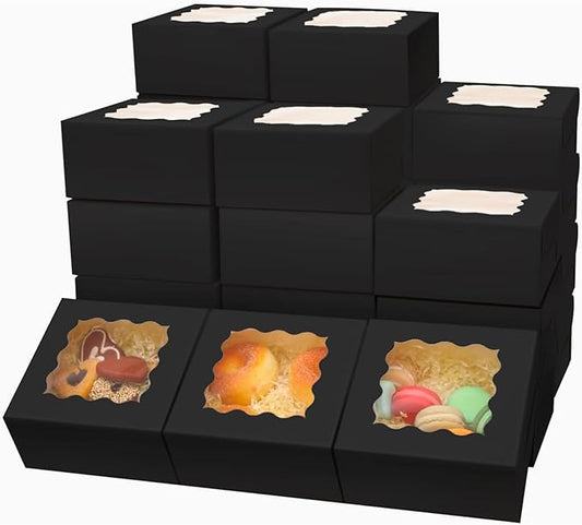 Bakepacker 100pcs Black Bakery Boxes with Window 6x6x3 inches Thick & Sturdy Macaroon Pastry Boxes Cookie Boxes for Bakerys