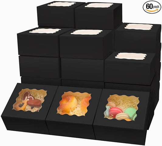 Bakepacker Black Bakery Boxes with Window 6x6x3 inches Thick & Sturdy Macaroon Pastry Boxes Cookie Boxes for Bakerys（60-Packs）